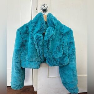 Bershka Teal Faux Fur Cropped Jacket
